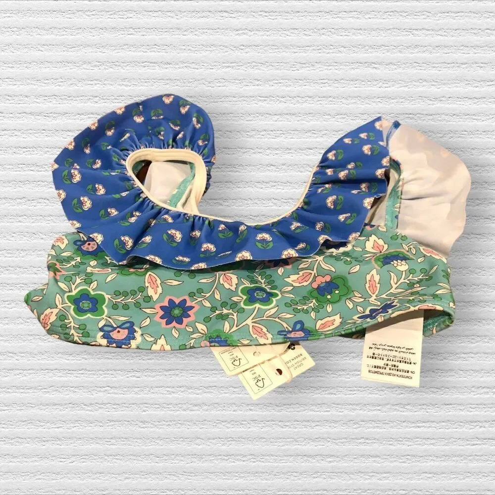 Mini Boden Girls Paisley Swim Top Frill Trim Blue Green NWT 4-5Y